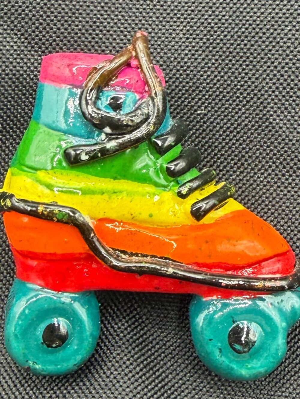 🛼 Retro Rainbow Striped Roller Skate Brooch Pin: 70s Disco Acrylic Brooch